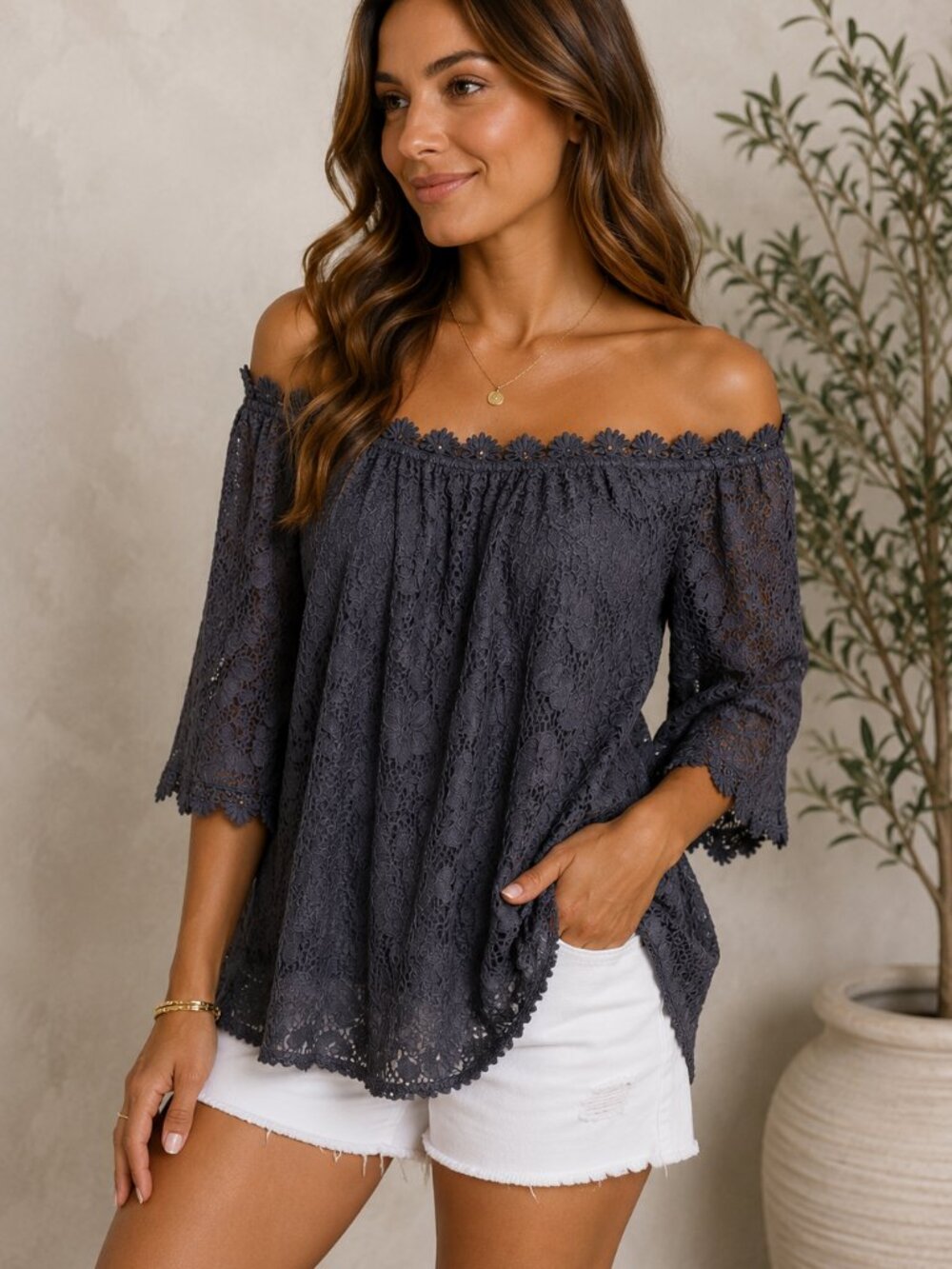 Miholl Black Lace Off-Shoulder Tunic Top XL | Crochet Boho Blouse with Elastic N